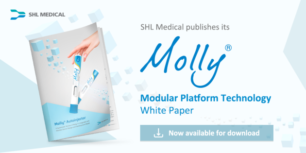 Announcement of White Paper publication on Molly modular platform autoinjector technology by SHL Medical featuring Molly and Molly 2.25 autoinjectors