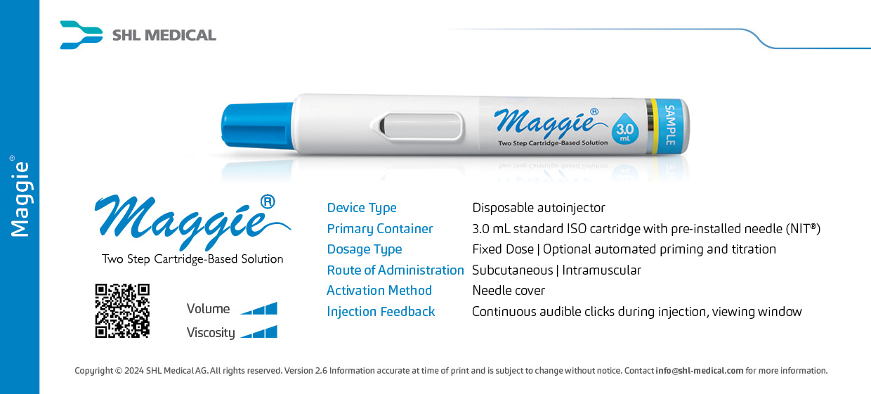 Product card of Maggie® cartridge-based autoinjector that accommodates up to 3 mL fill volumes built with SHL Medical’s Needle Isolation Technology (NIT®) featuring its device specifications and handling instructions